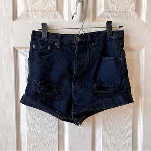 New high waisted black denim distressed shorts
